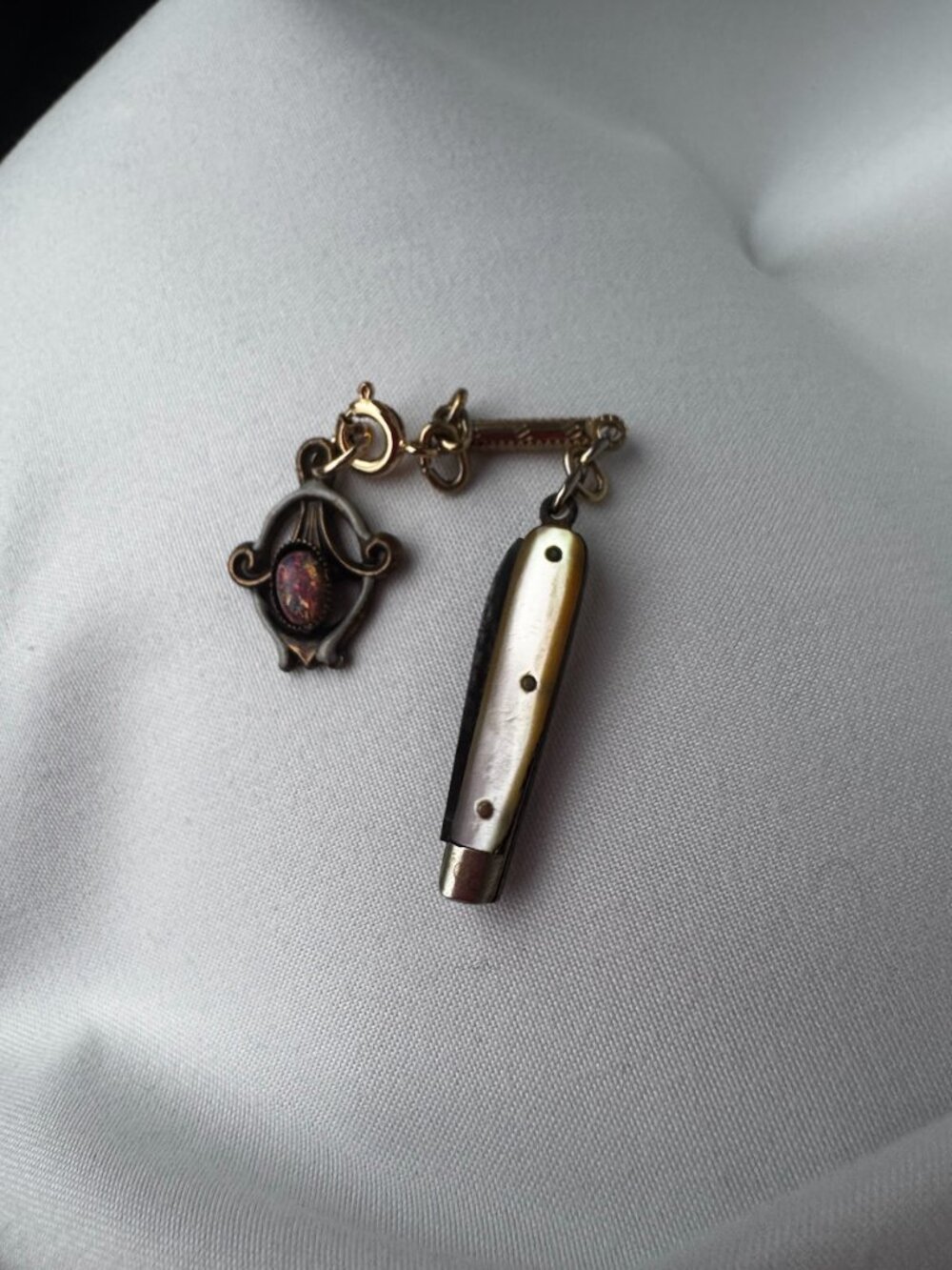 Custom-made Pendant: Mother of Pearl Miniature Knife with Art Nouveau Opal Piece
